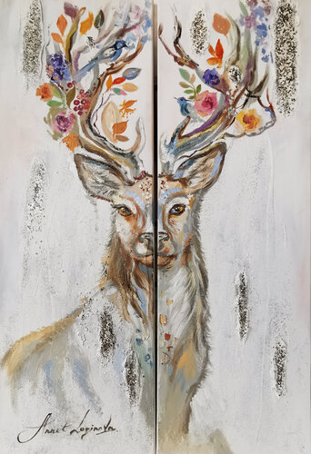 Elegant Vistas in Norwegian Style: A Pair of Textured Deers and Color-Infused Vertical Canvases di Annet Loginova, Pittura in vendita su Singulart