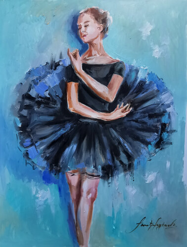 Balletic Beauty Woman in skirt. Dancing lady artwork. Ballerina artwork. Turquoise Elegance von Annet Loginova, Malerei kaufen auf Singulart