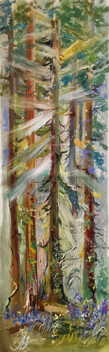 Vertical Forest of Light and Shadow in an Oil Palette. Forest landscape texture painting. von Annet Loginova, Malerei kaufen auf Singulart