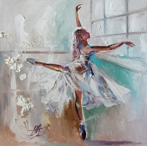 Emotional Dancer girl oil painting. Ballerina artwork. Christmas artwork. van Annet Loginova, Schilderij te koop op Singulart