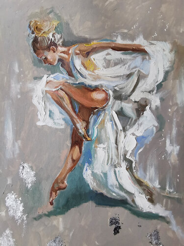 A Ballet Symphony in Creamy Elegance dancer girl oil painting. Dancing lady artwork. Ballerina in white dress. van Annet Loginova, Schilderij te koop op Singulart