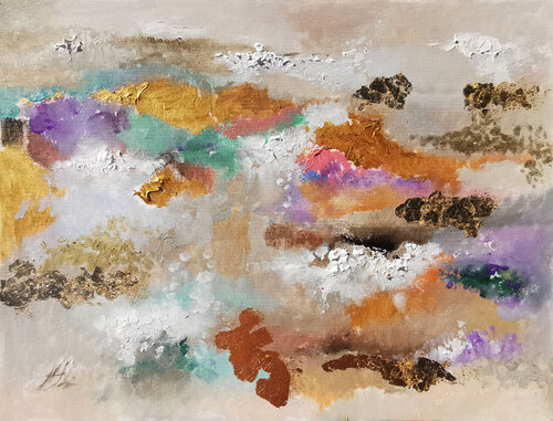 An elegant abstract painting with the addition of gold, pink shades and pearl gray. von Annet Loginova, Malerei kaufen auf Singulart