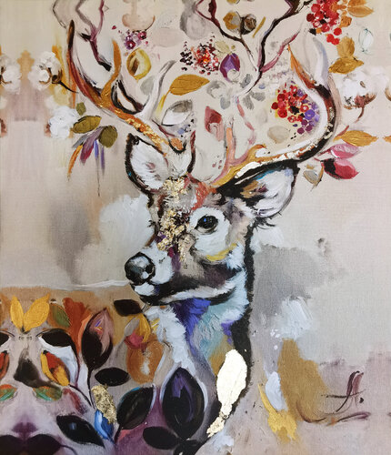 Animals Print set, Deer painting on canvas. Gold leaf giclee print. Diptych painting. von Annet Loginova, Druck kaufen auf Singulart