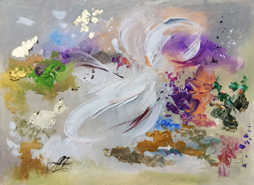 Lilac green Painting, Gold leaf painting on canvas-paper by Annet Loginova, Painting for Sale on Singulart