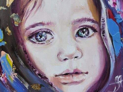 Portrait of a girl in a headscarf. Expressive look. Faceless portrait. de Annet Loginova, Pintura a la venta en Singulart