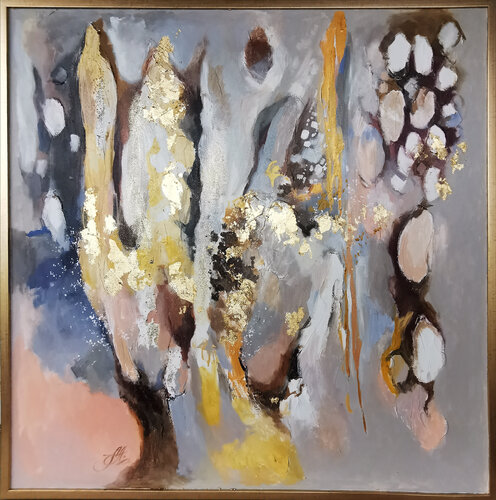 Elegant Abstract Painting in Brown, with Golden Leaf, Texture, and Shimmering Glitters in Italian Golden Wood Frame von Annet Loginova, Malerei kaufen auf Singulart