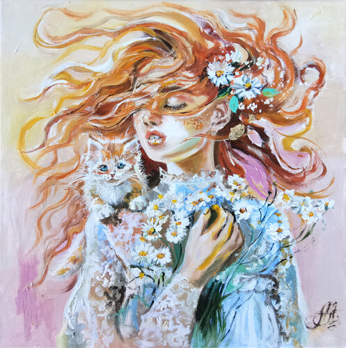 Red-haired girl. Girl with kitten, original oil painting van Annet Loginova, Schilderij te koop op Singulart