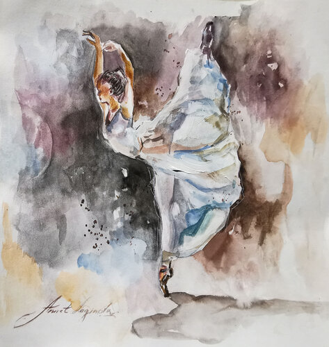 Le ballet. Ballet dancer watercolor drawing.  Ballerina artwork. Dancing girl female portrait picture. di Annet Loginova, Opera su carta in vendita su Singulart