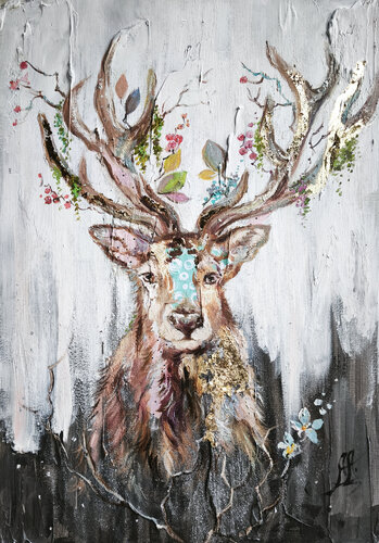 Floral Deer - Original Painting On Canvas, Mixed Media van Annet Loginova, Schilderij te koop op Singulart