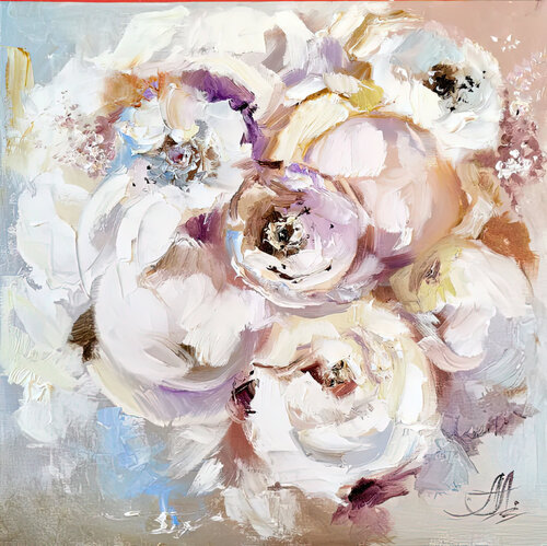 Marshmallow Petals - Original Oil Painting, Peonies, Floral Art von Annet Loginova, Malerei kaufen auf Singulart