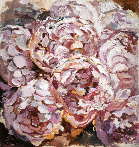 Mezzogiorno Ardente - Original Miniature Oil Painting On Canvas, Peonies, Floral Art van Annet Loginova, Schilderij te koop op Singulart