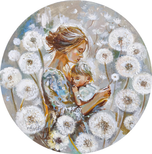 Momenti d'Amore - Original Oil Painting On Round Canvas,  Motherhood, Dandelions van Annet Loginova, Schilderij te koop op Singulart