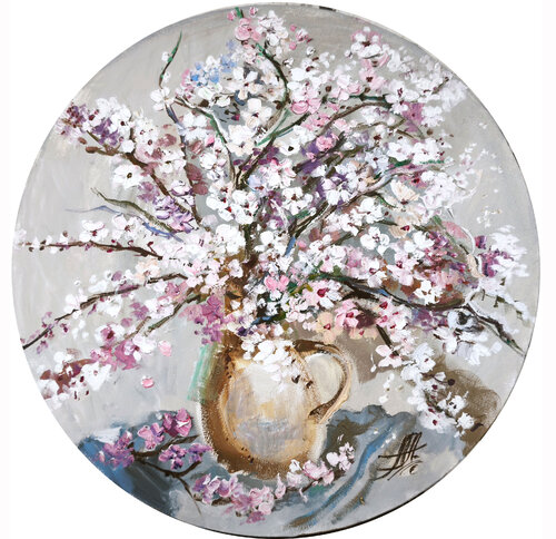Floral Spring - Original Oil Painting On Round Canvas, Sakura In Bloom von Annet Loginova, Malerei kaufen auf Singulart