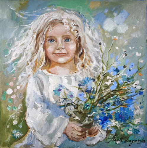 Cornflowers - Original Oil Painting On Canvas, Portrait Art van Annet Loginova, Schilderij te koop op Singulart