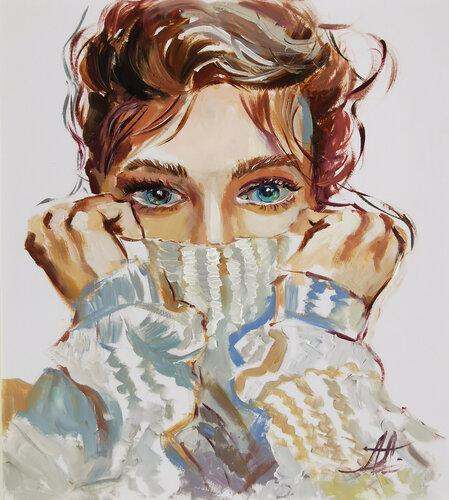 Cozy Secrets. Original Oil Painting On Canvas. Portrait Art. de Annet Loginova, Pintura a la venta en Singulart