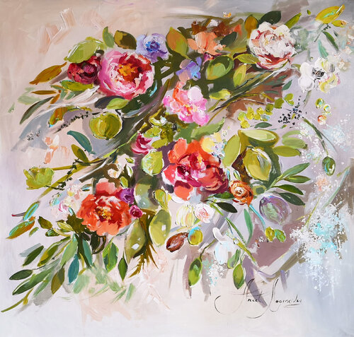 絵画 Oil painting of beautiful flowers. Lavender Fascination. Blue flowers large abstract oil