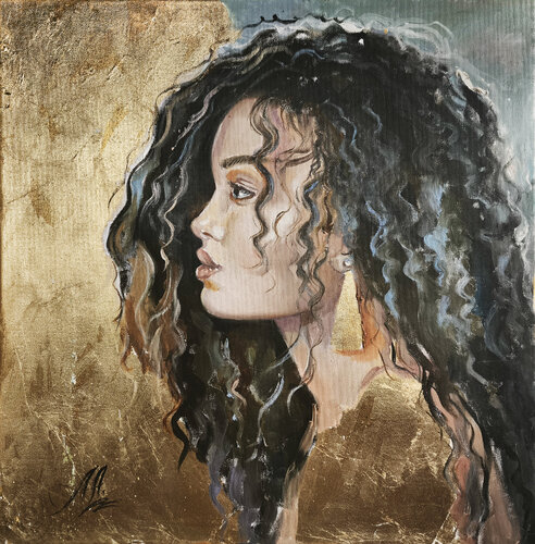 Golden Muse – Original Portrait Painting of a Woman, Oil on Canvas with Gold Leaf Gilding von Annet Loginova, Malerei kaufen auf Singulart