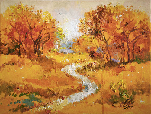 Golden Autumn Path – Original Oil Painting on Canvas, Textured Brushstrokes, Vibrant Fall Landscape van Annet Loginova, Schilderij te koop op Singulart