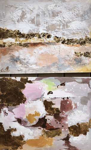 Abstract paintings on canvas-paper. Abstract Landscape Diptych with Texture and Gold Leaf van Annet Loginova, Schilderij te koop op Singulart
