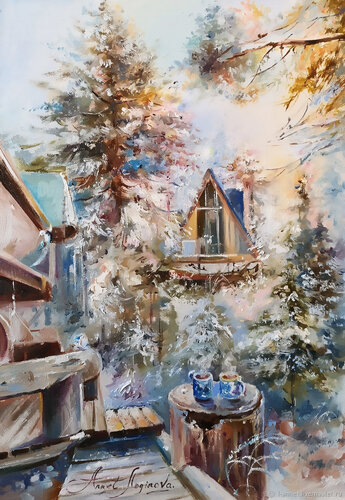 Vanilla Frost — Winter Forest Oil Painting with Wooden Cabin and Two Cups, Textured Art in Soft Gray-Blue and Warm Tones von Annet Loginova, Malerei kaufen auf Singulart
