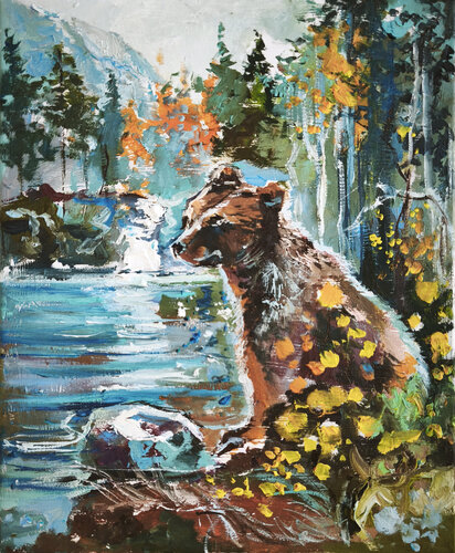 Bear in the Taiga — Textured Oil Painting on Canvas, Autumn Colors, Vibrant Nature Art, Wildlife art von Annet Loginova, Malerei kaufen auf Singulart
