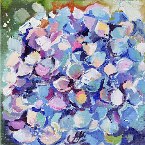 Hydrangea Oil Painting on Canvas — Large Floral Artwork with Textured Brushstrokes, Blue and Pink Hydrangea Blossoms, Contemporary Flower Art for Home Décor di Annet Loginova, Pittura in vendita su Singulart