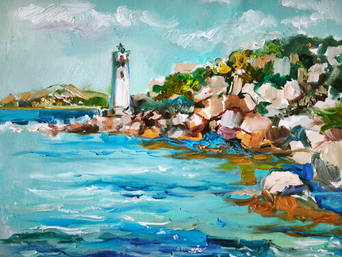 Original Oil Painting “Sardinian Lighthouse and Sea Landscape” – Textured Mediterranean Seascape, Coastal Wall Art, Turquoise Blue Waves, Italian Nature Painting on Canvas von Annet Loginova, Malerei kaufen auf Singulart