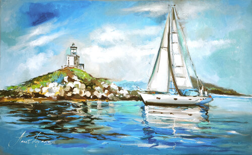 Large textured oil painting on canvas, modern seascape with yacht and lighthouse, blue turquoise tones, contemporary coastal wall art, summer maritime landscape de Annet Loginova, Pintura a la venta en Singulart
