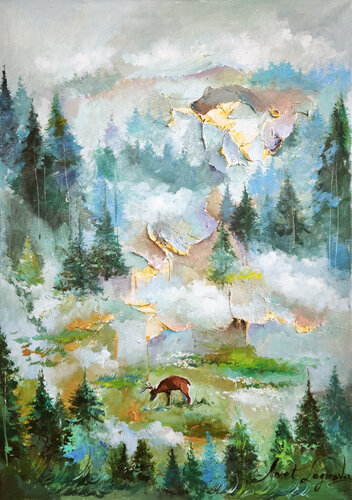 Emerald Mist &amp; Golden Peaks de Annet Loginova, Pintura a la venta en Singulart