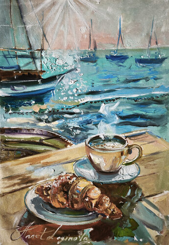 Morning on the Riviera - Original Oil Painting On Canvas, Seascape van Annet Loginova, Schilderij te koop op Singulart