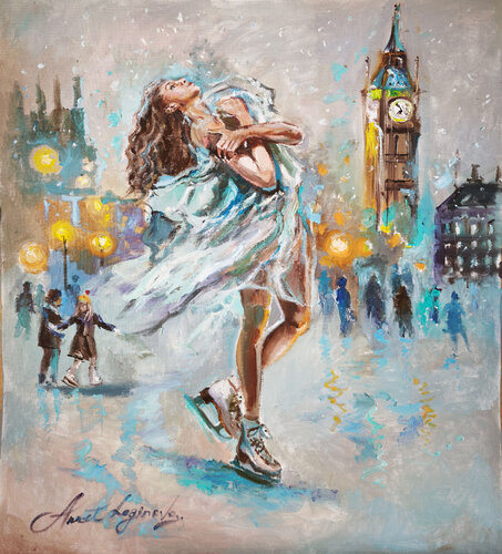 Dancing on Ice in London — Ballerina Figure Skater, Textured Oil Painting on Canvas, Romantic City Night Art von Annet Loginova, Malerei kaufen auf Singulart
