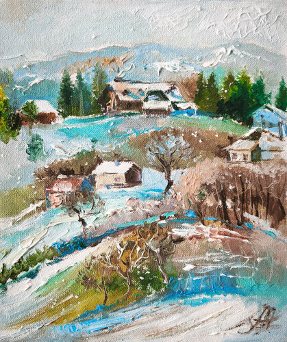 Warm countryside landscape oil painting, textured brushstrok van Annet Loginova, Schilderij te koop op Singulart