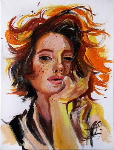 Red-haired girl. Girl with kitten, original oil painting van Annet Loginova, Schilderij te koop op Singulart