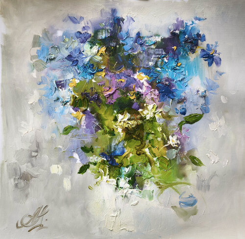Tender heart flowers, miniature abstract painting with a rich textured surface. Annet Loginova
