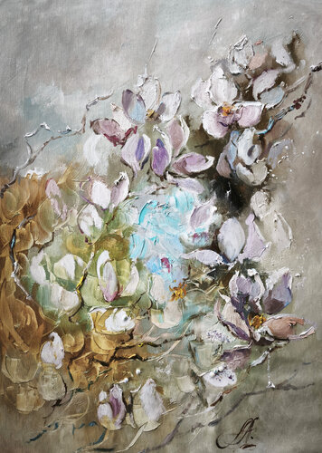 Elegant Textured Floral Oil Painting with Subtle Shimmer and Decorative Beads – Original Magnolia-Inspired Wall Art, Soft Neutral Palette de Annet Loginova, Pintura a la venta en Singulart