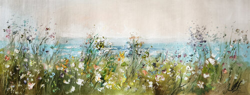A Breath of Spring – Panoramic Blooming Meadow by the Sea, Textured Oil on Canvas with Expressive Brushstrokes by Annet Loginova, Painting for Sale on Singulart