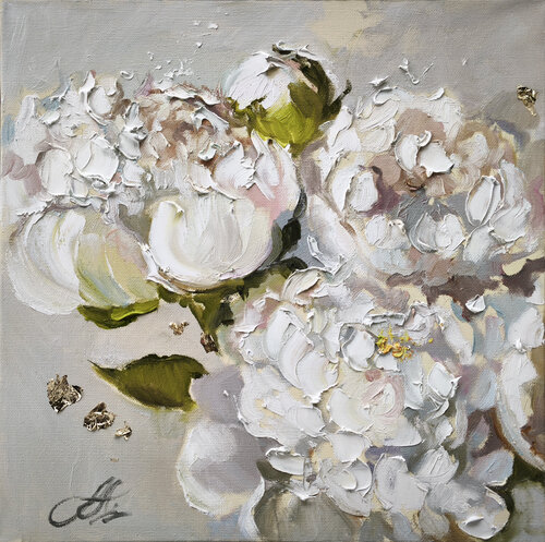 White peonies. Textural flowers picture on canvas. Large floral painting. di Annet Loginova, Pittura in vendita su Singulart