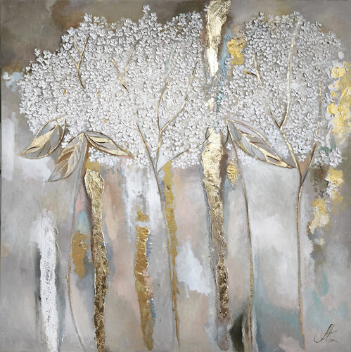 Silver white painting. Abstract flowers petals textured painting with gilding. von Annet Loginova, Malerei kaufen auf Singulart