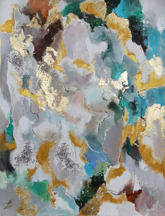 Abstract gold & emerald painting. Sparkling gold leaf artwork with textured surface. Annet Loginova
