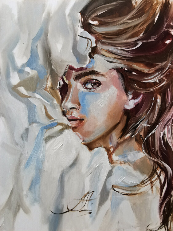 Soft coffee hues portrait, Woman painting on canvas-paper Annet Loginova