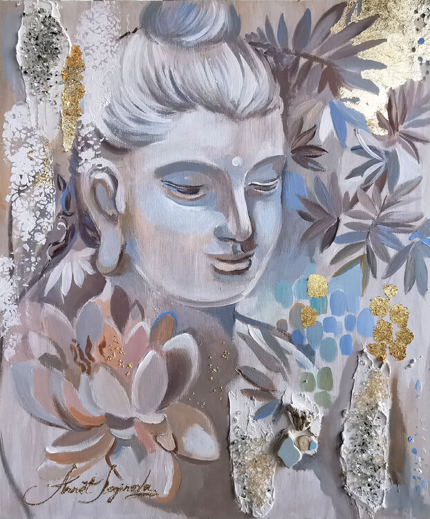 White Buddha. Abstract Bali style oriental painting. Sparkling gold leaf mixed on wood. Annet Loginova