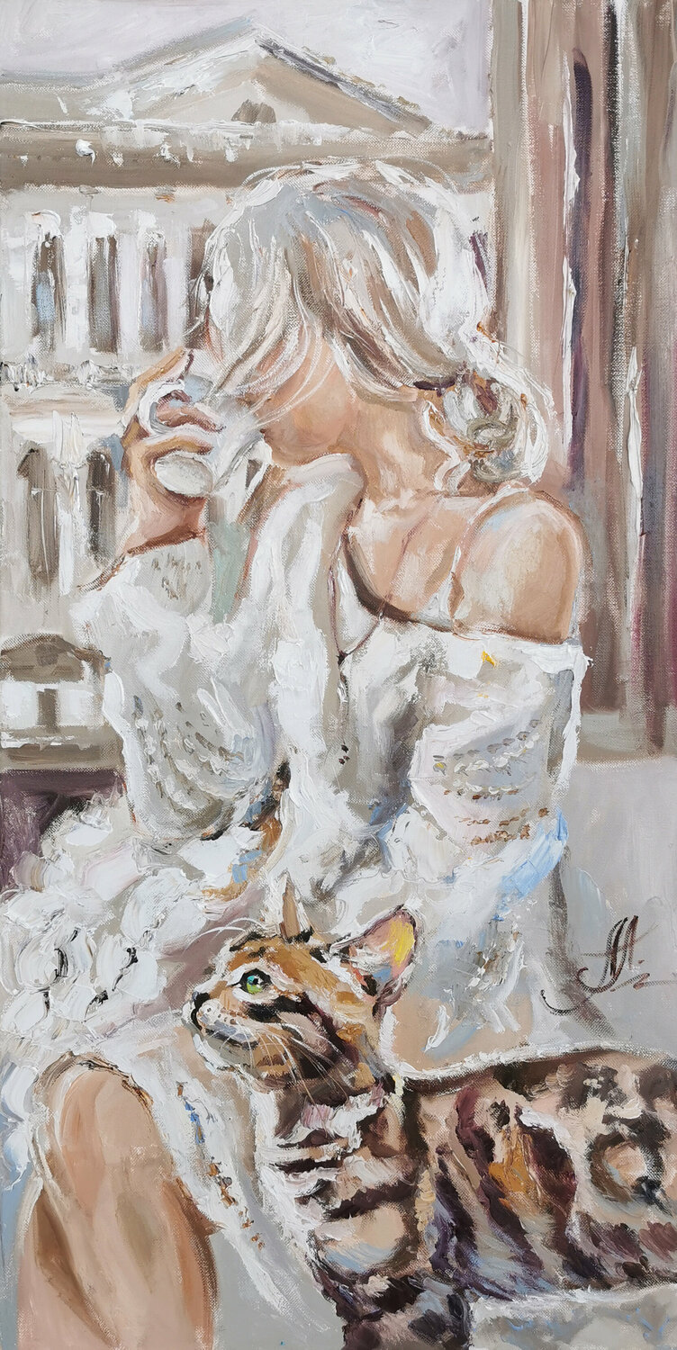 Bohemian morning. White soft creamy woman oil painting.  Graceful lady with a cat. City window view. Annet Loginova