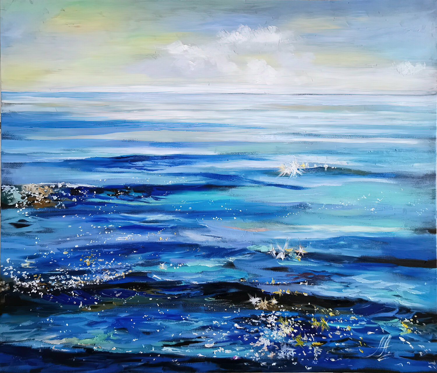 Shimmer of the sea. Seascape painting on canvas. Morning sea