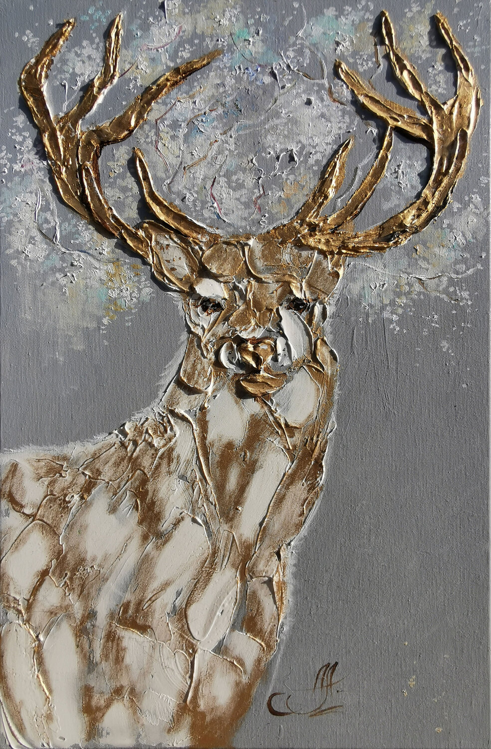 Golden Deer. Abstract oil painting with a rich volumetric surface and
