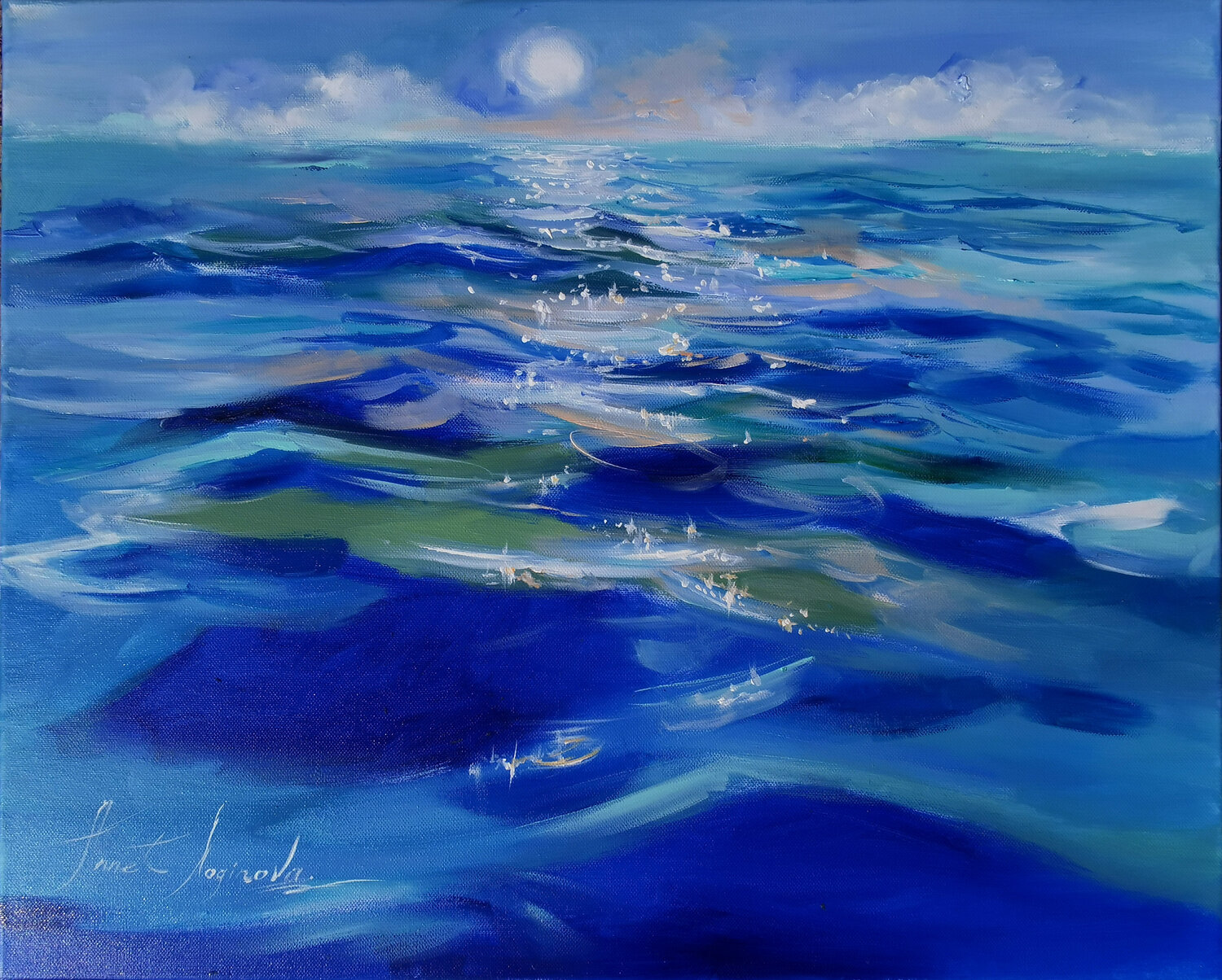 Seascape painting on canvas. Shimmer of the sea. Original sea oil