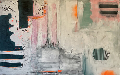 pink footprints with stripes by Karen und Simone Lehmann, 油畫 for Sale on Singulart