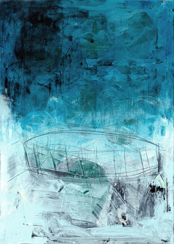 blue ocean with boat van Karen und Simone Lehmann, Schilderij te koop op Singulart