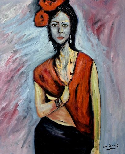 Dama in scialle rosso – Ritratto espressionista van Enzo Martano, Schilderij te koop op Singulart