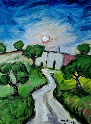 L’uliveto al tramonto – Paesaggio espressionista van Enzo Martano, Schilderij te koop op Singulart