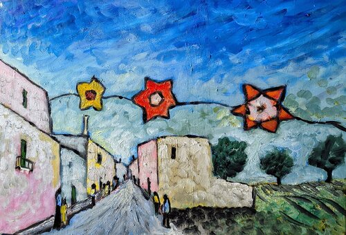 Notte dei lampioni – Paesaggio espressionista de Enzo Martano, Pintura a la venta en Singulart